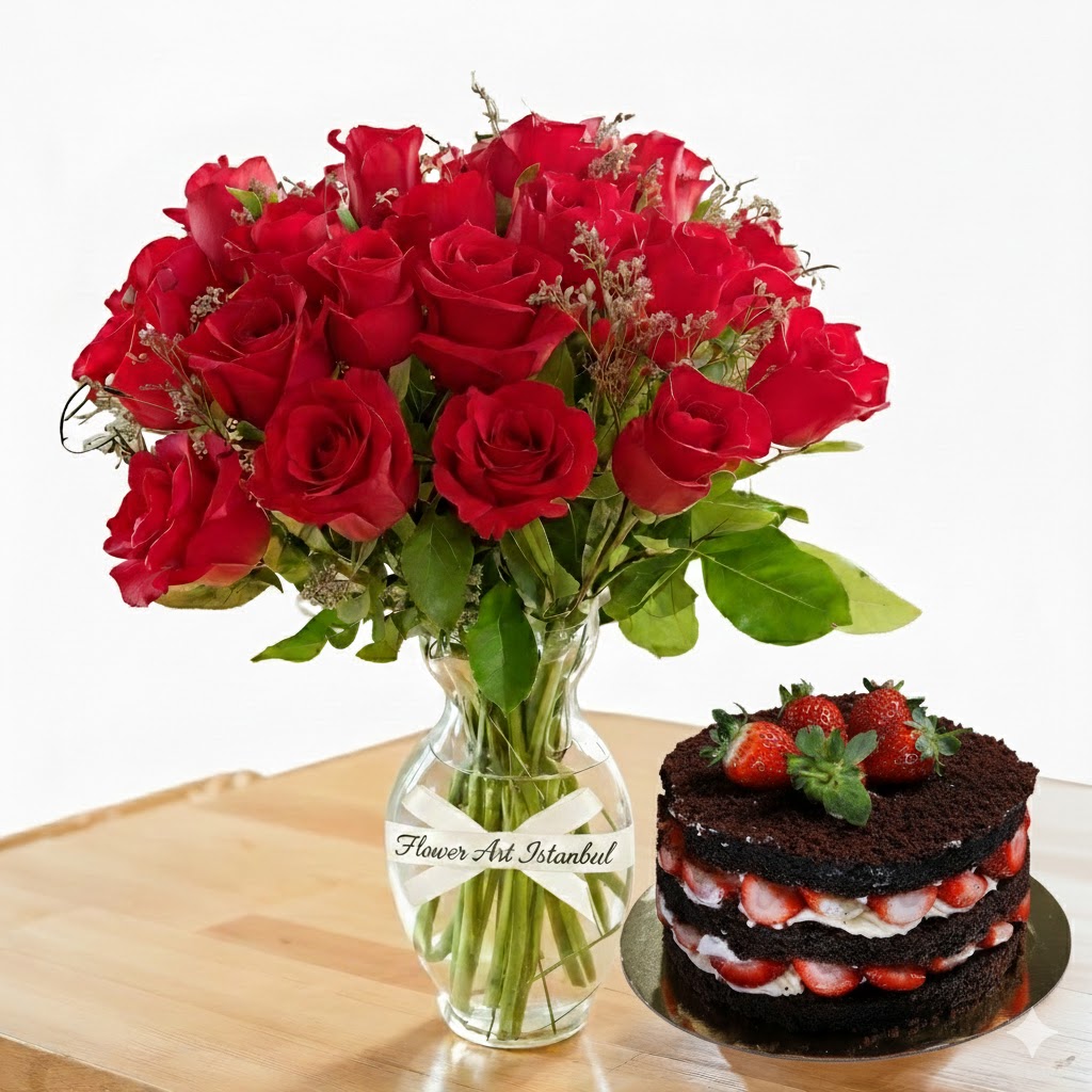 Red Roses Vase w Cake
