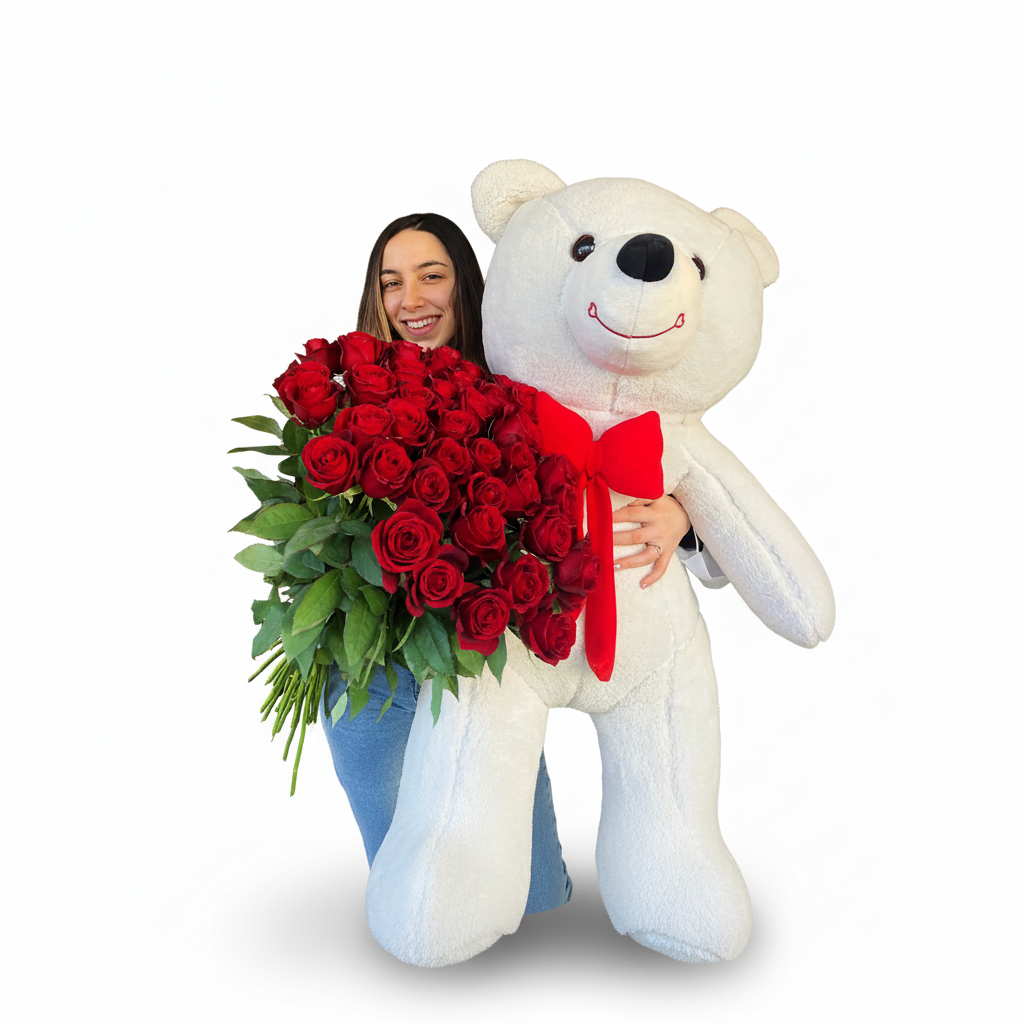 Huge Bear And 35 Red Roses