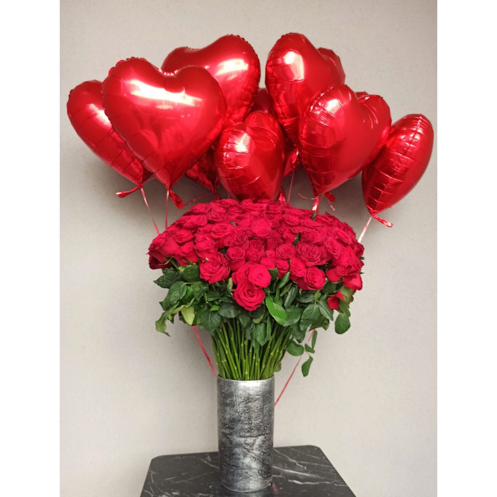 201 Red Roses & 10 Flying Heart Ballon